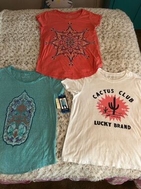 Lucky Brand Coral Starburst Tee, Turquoise Graphic Tee & White Cactus Club Tee